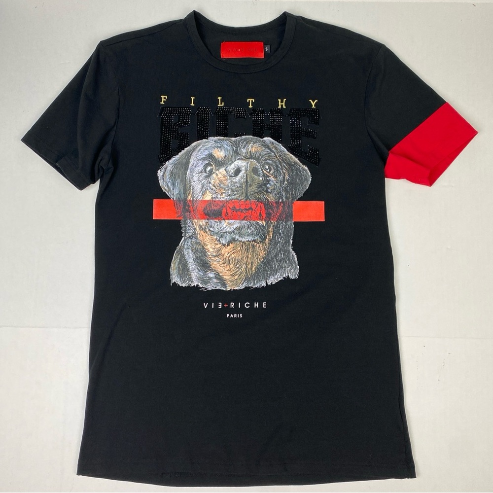 Vie + Riche Paris Men’s Small T-Shirt Black Rottweiler Filthy Biche Rhinestones